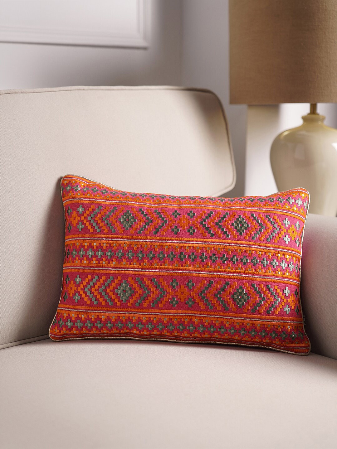 

Pure Home and Living Pink & Orange Embroidered Cotton Rectangle Cushion Cover