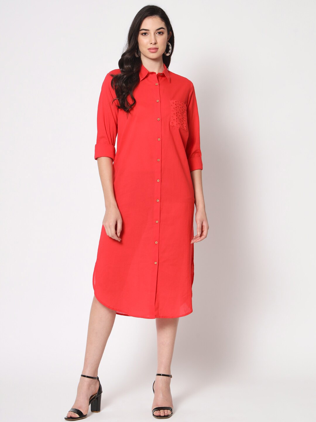 

HERE&NOW Red Roll-Up Sleeves Cotton Shirt Style Midi Dress
