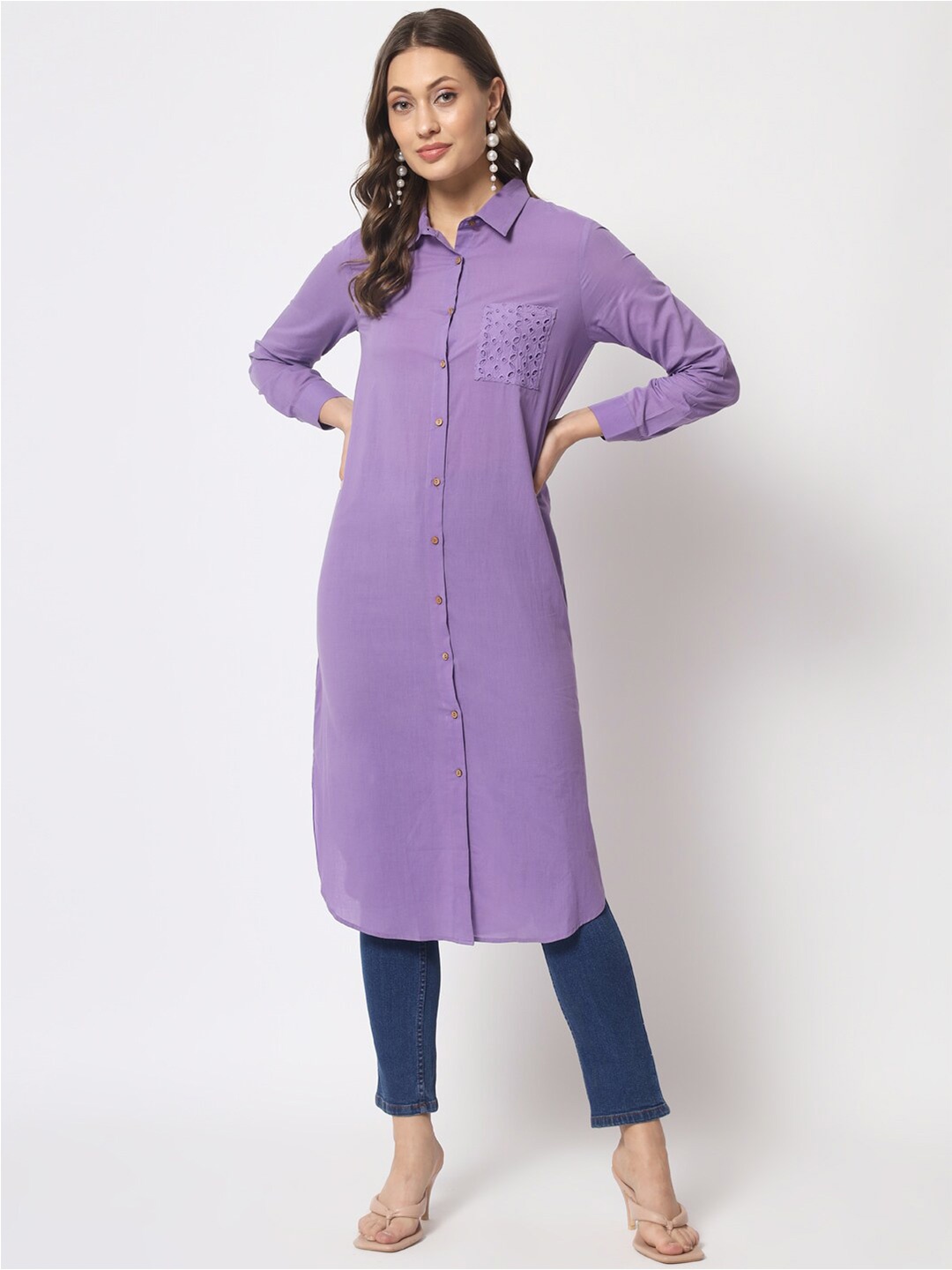 

HERE&NOW Purple Shirt Collar Cotton Kurta