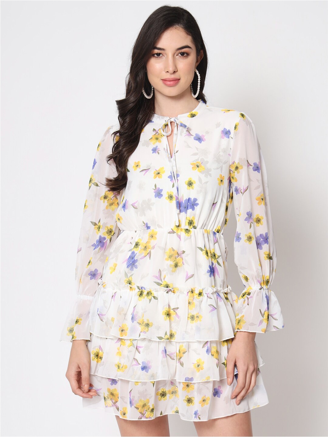 

HERE&NOW White Floral Printed Tie-Up Neck Georgette Casual Fit & Flare Dress