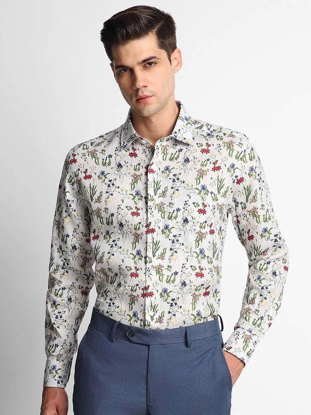 Luxure by Louis Philippe Slim Fit Floral Printed Pure Linen Formal Shirt, Grey