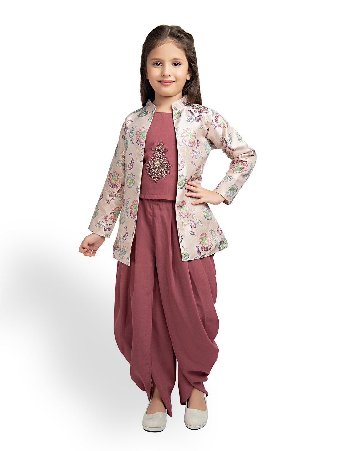 

BETTY Girls Embellished Top With Dhoti Pants & Jacket, Pink