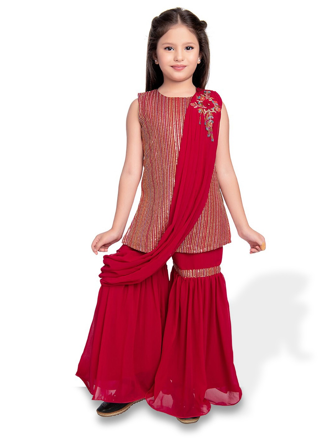 

BETTY Girls Striped Embellished Top With Sharara & Dupatta, Red