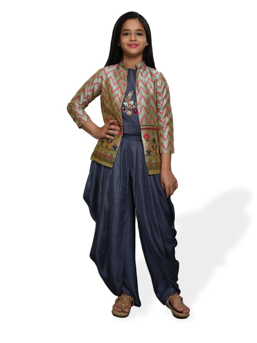 

BETTY Embellished Top With Dhoti Pants & Jacket, Grey