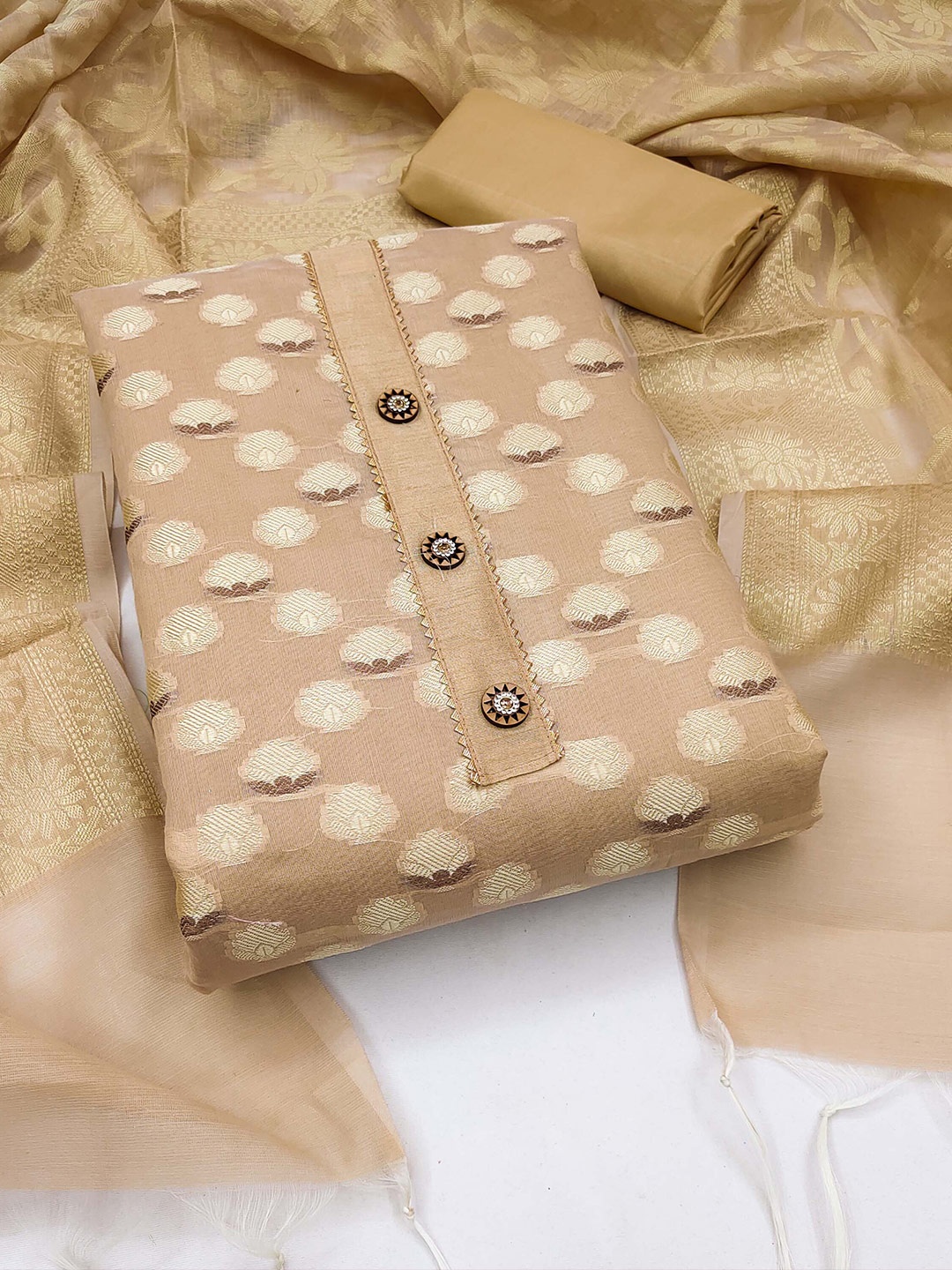 

KALINI Floral Woven Design Banarasi Unstitched Dress Material, Beige