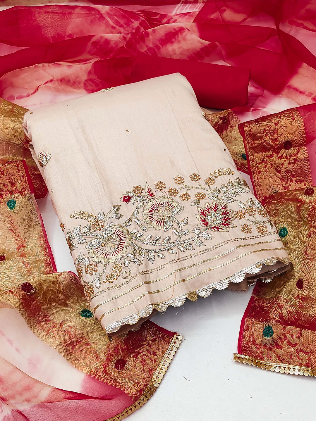 

KALINI Ethnic Motifs Embroidered Unstitched Dress Material, Beige