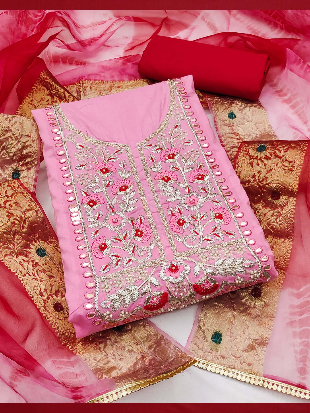

KALINI Floral Mirror Work Embroidered Unstitched Dress Material, Pink
