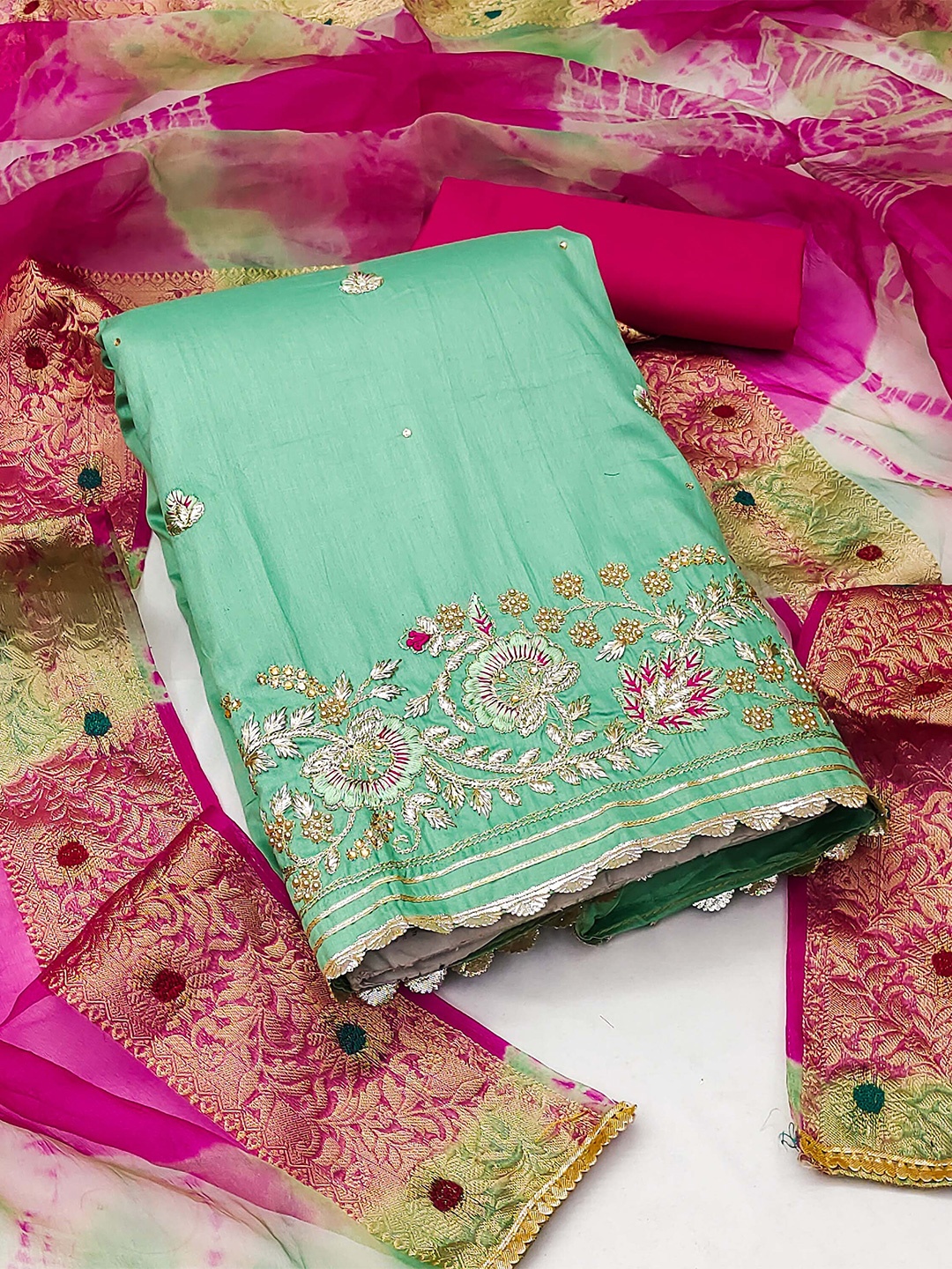

KALINI Floral Embroidered Unstitched Dress Material, Sea green