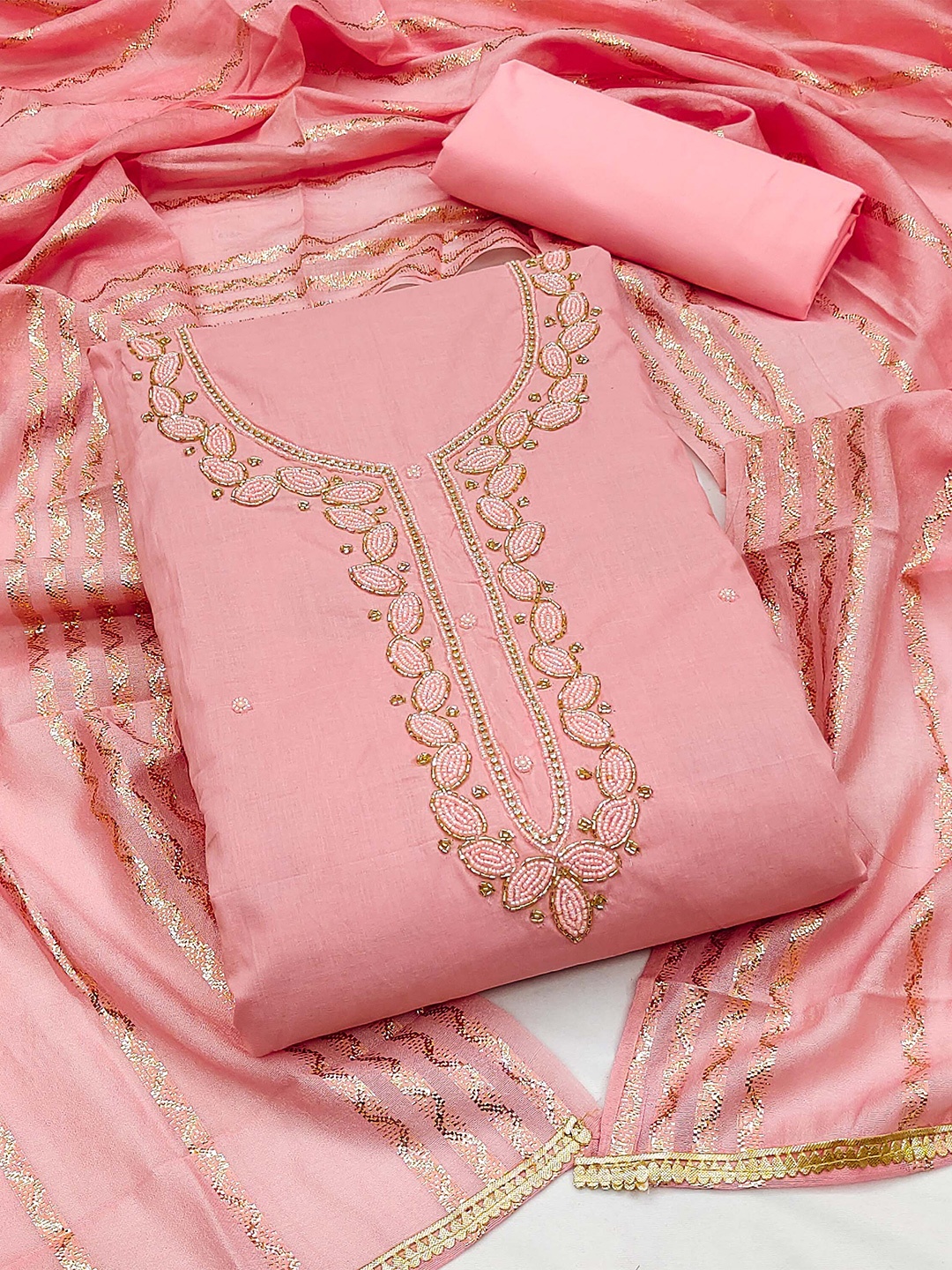 

KALINI Embroidered Unstitched Dress Material, Pink