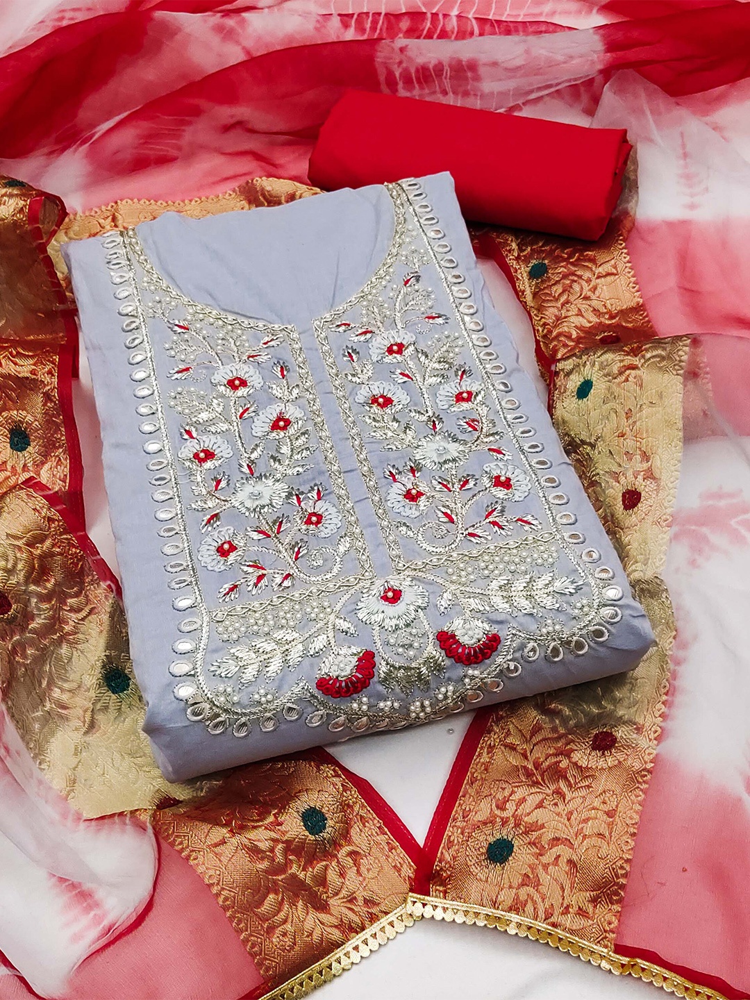 

KALINI Embroidered Unstitched Dress Material, Grey