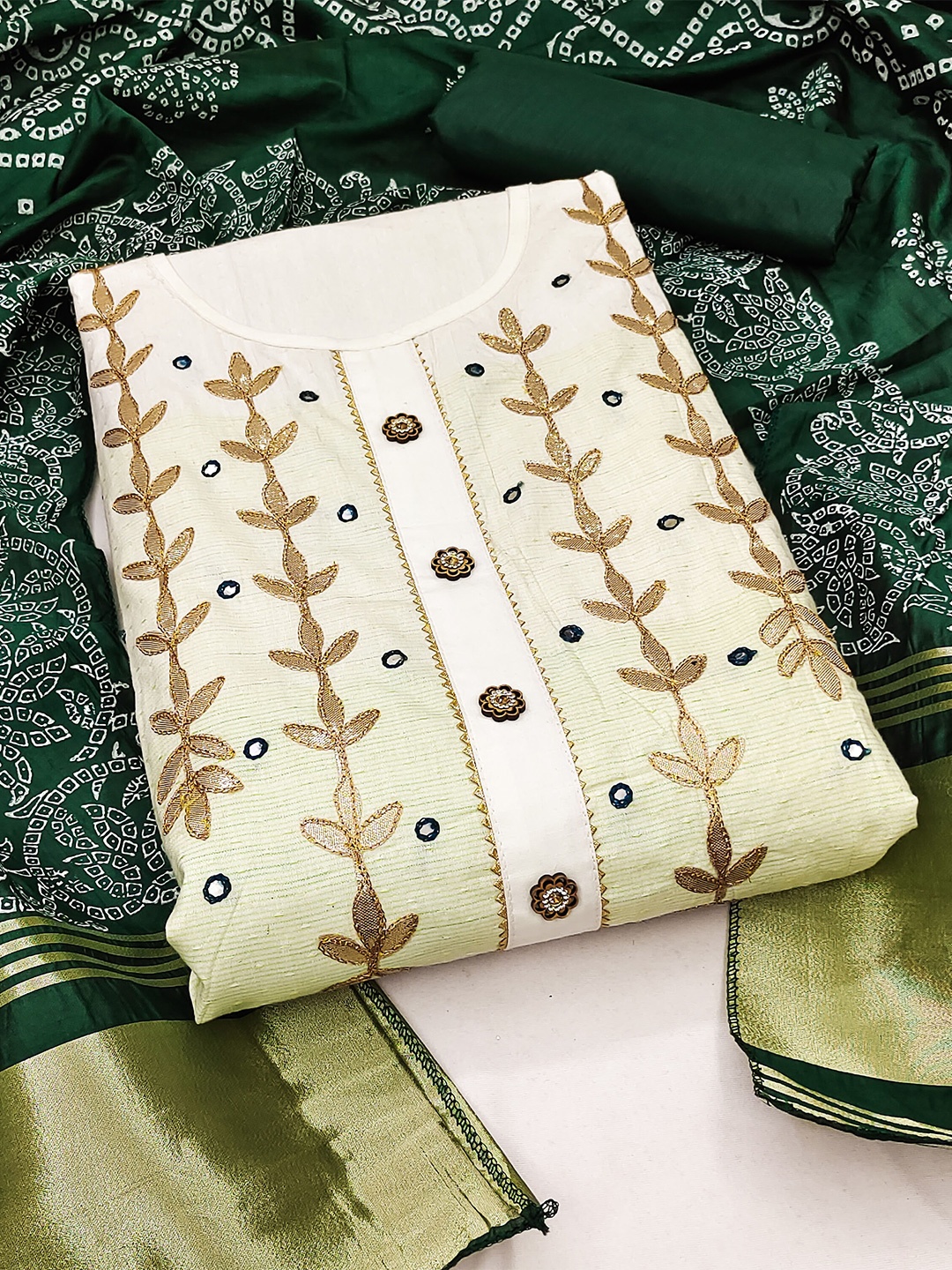 

KALINI Floral Mirror WOrk Embroidered Unstitched Dress Material, Cream