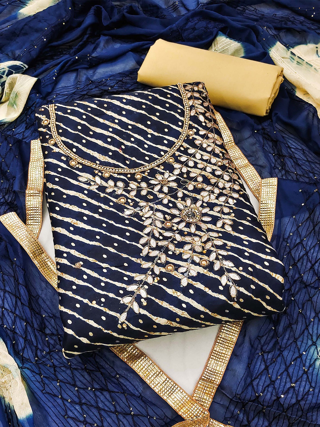 

KALINI Floral Beads & Stones Embroidered Unstitched Dress Material, Navy blue