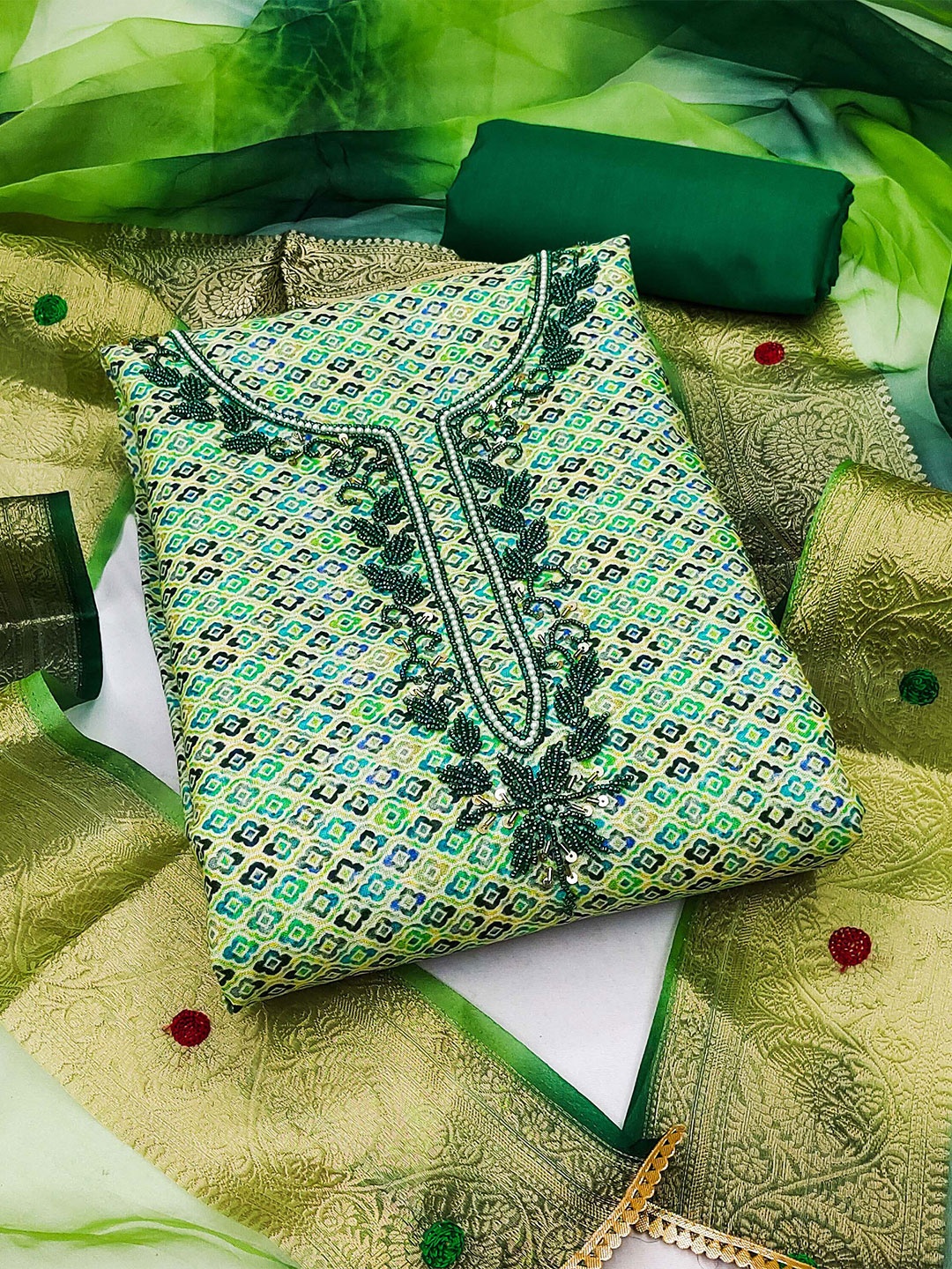 

KALINI Ethnic Motifs Beads & Stones Embroidered Pure Cotton Unstitched Dress Material, Green