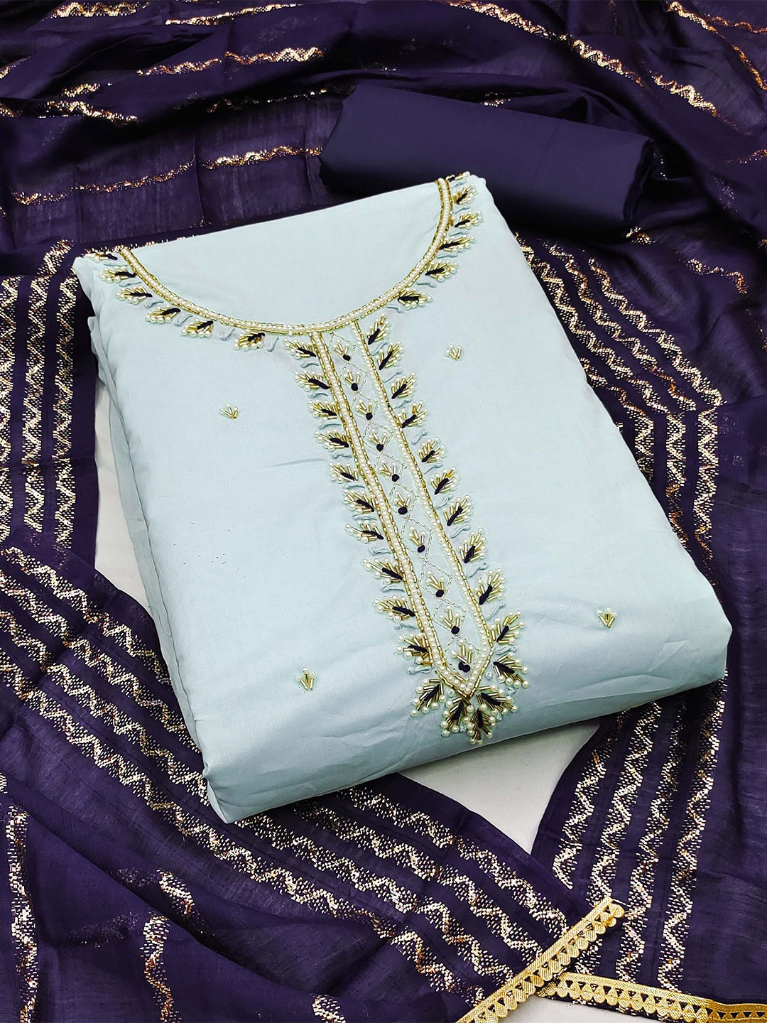 

KALINI Embroidered Unstitched Dress Material, Sea green