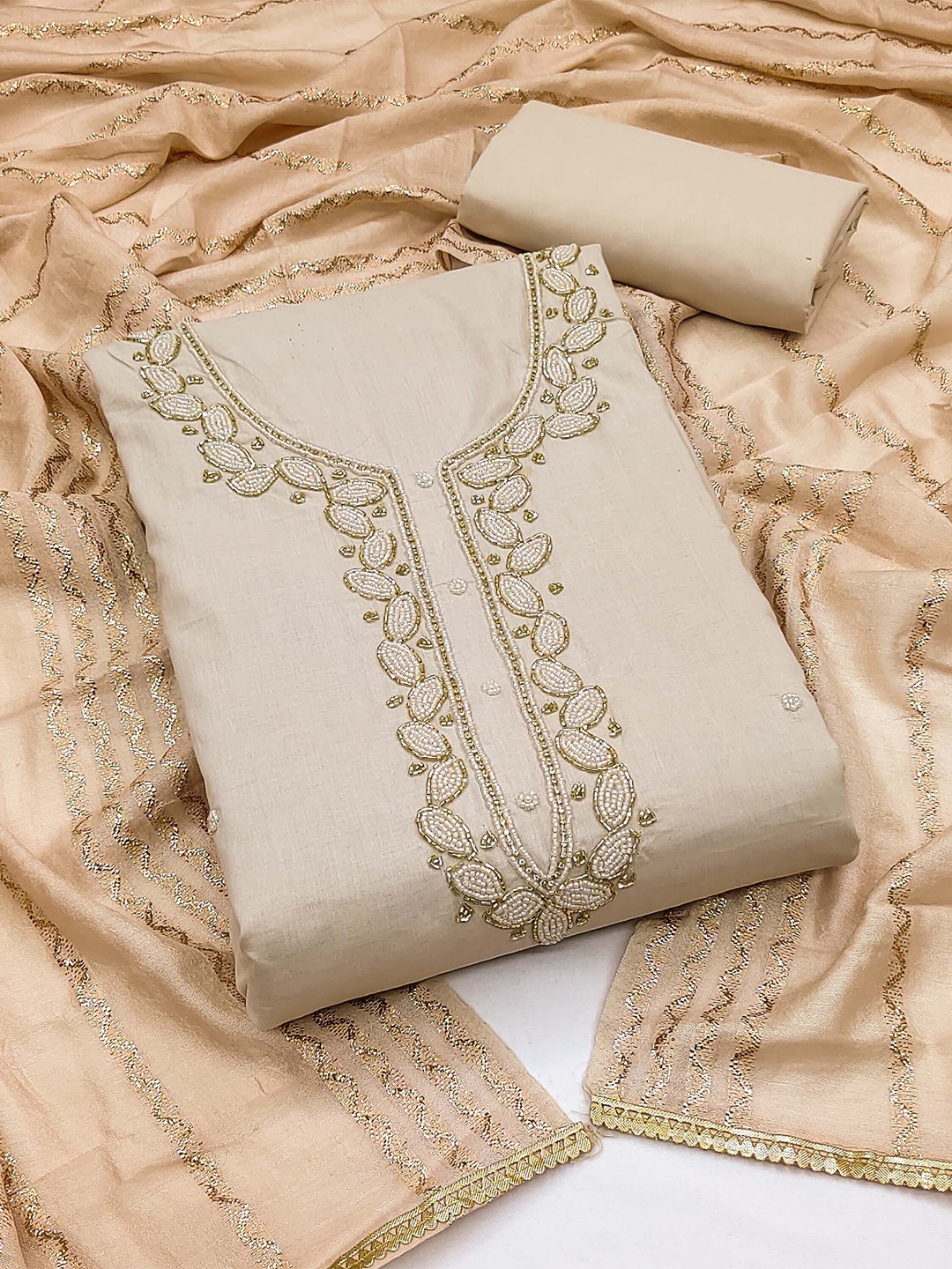 

KALINI Embroidered Unstitched Dress Material, Beige