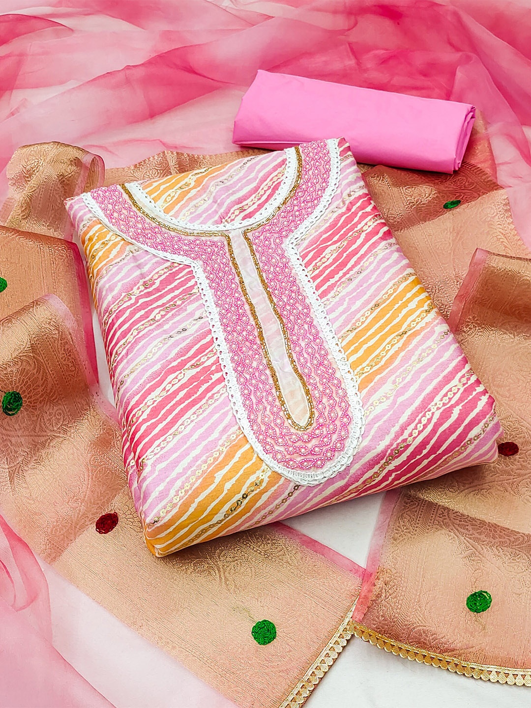 

KALINI Striped Unstitched Dress Material, Pink