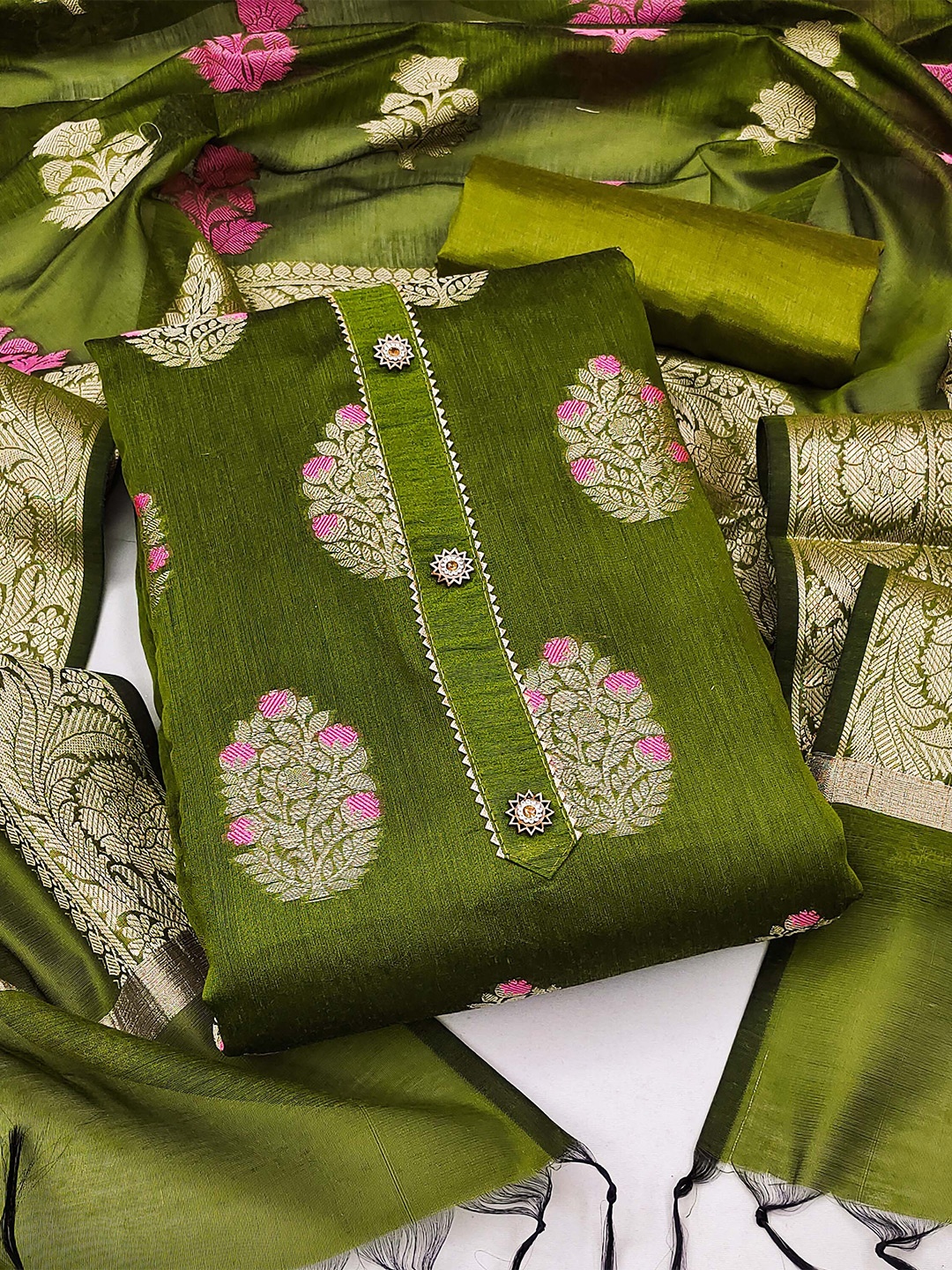 

KALINI Woven Design Unstitched Dress Material, Green