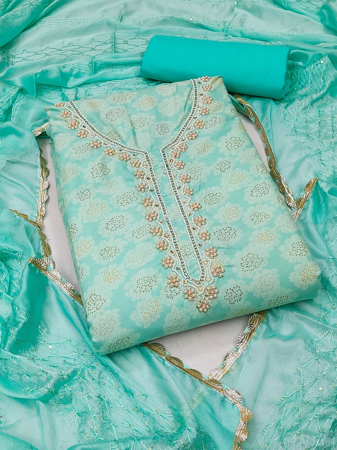 

KALINI Floral Beads & Stones Embroidered Pure Cotton Unstitched Dress Material, Sea green
