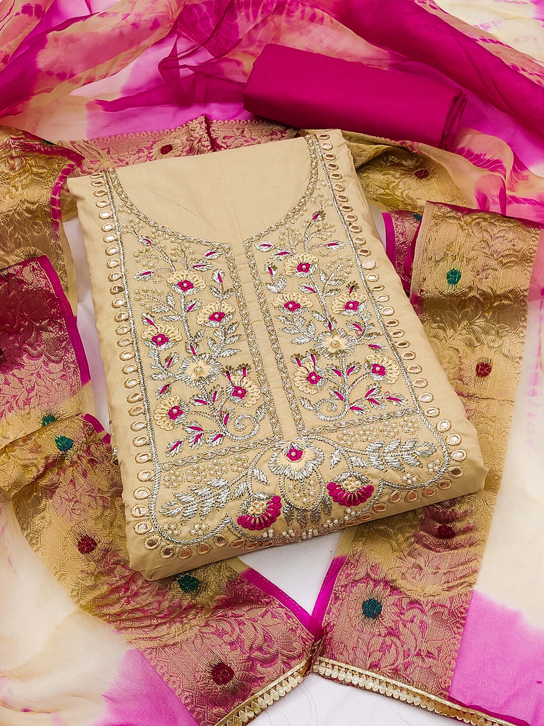 

KALINI Embroidered Unstitched Dress Material, Beige