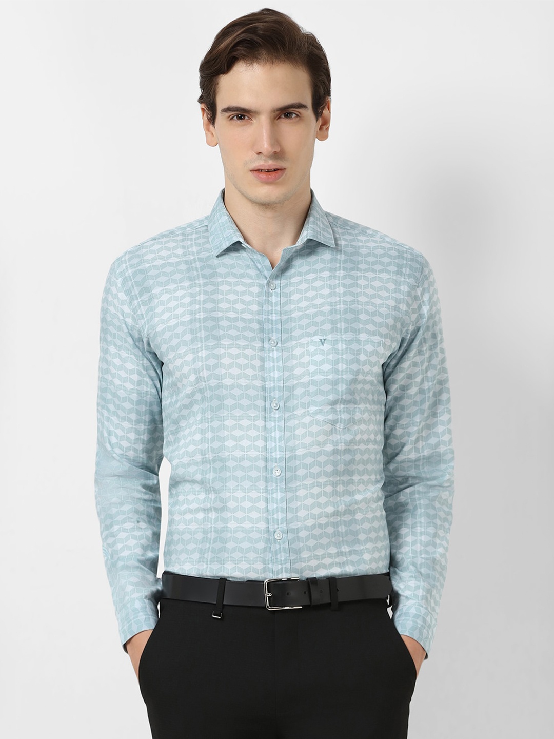 

V Dot Slim Fit Opaque Geometric Printed Pure Cotton Formal Shirt, Green