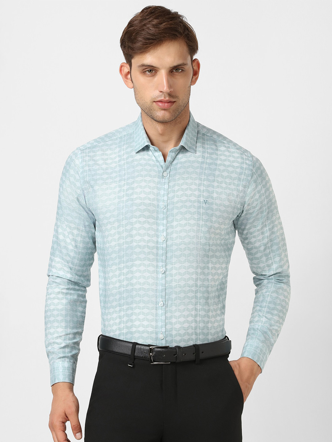 

V Dot Slim Fit Opaque Geometric Printed Pure Cotton Formal Shirt, Green