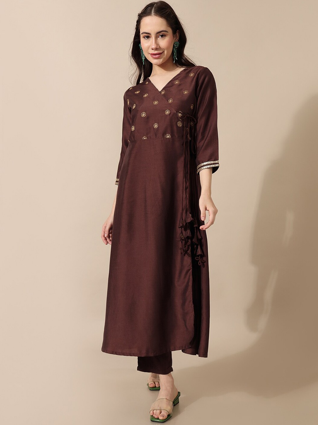 

Saaki Ethnic Motifs Yoke Design Angrakha Kurta With Trousers, Brown