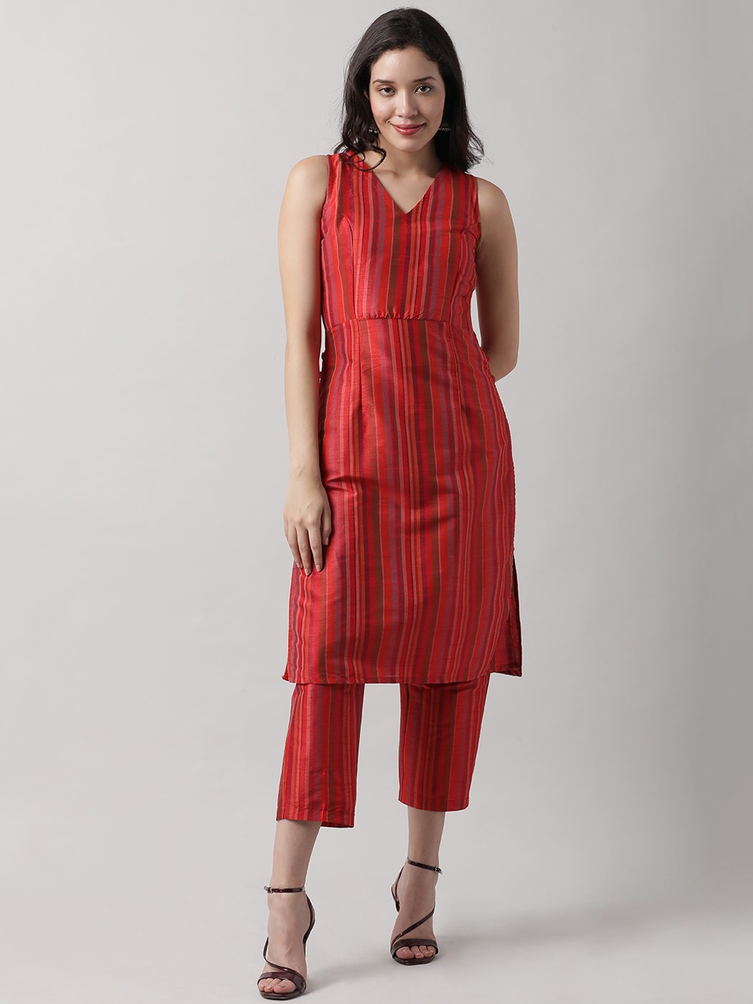 

Saaki Striped Art Silk Regular Kurta With Trousers, Red