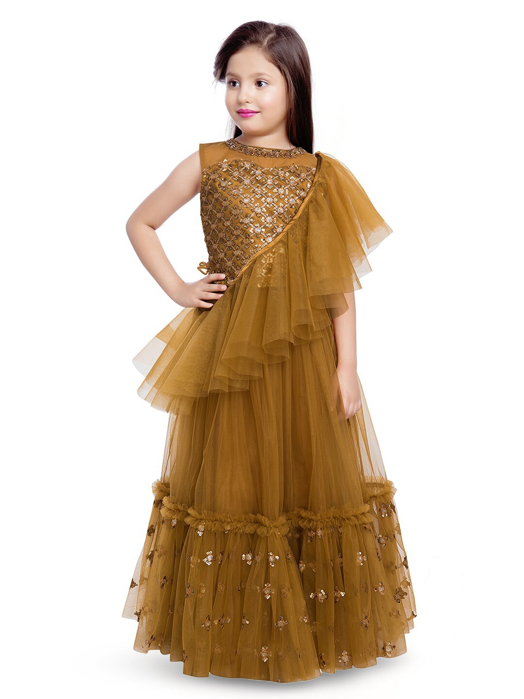 

BETTY Girls Embellished Sequinned Ready to Wear Lehenga & Blouse With Dupatta, Gold