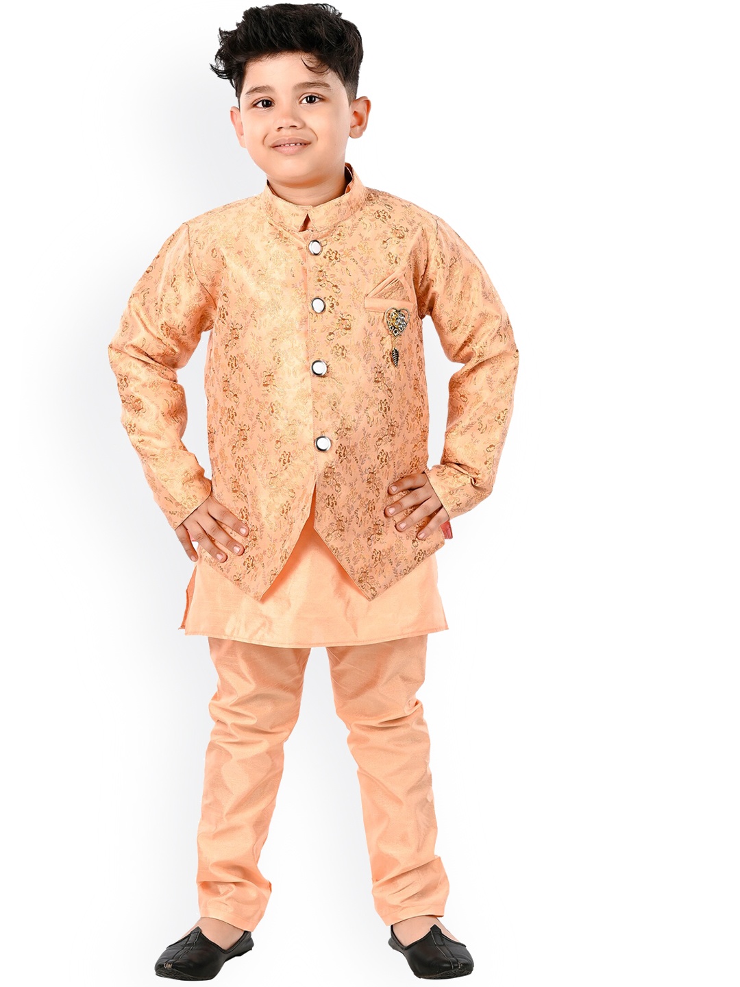 

BAESD Boys Straight Kurta With Pyjamas & Floral Printed Jacket, Orange