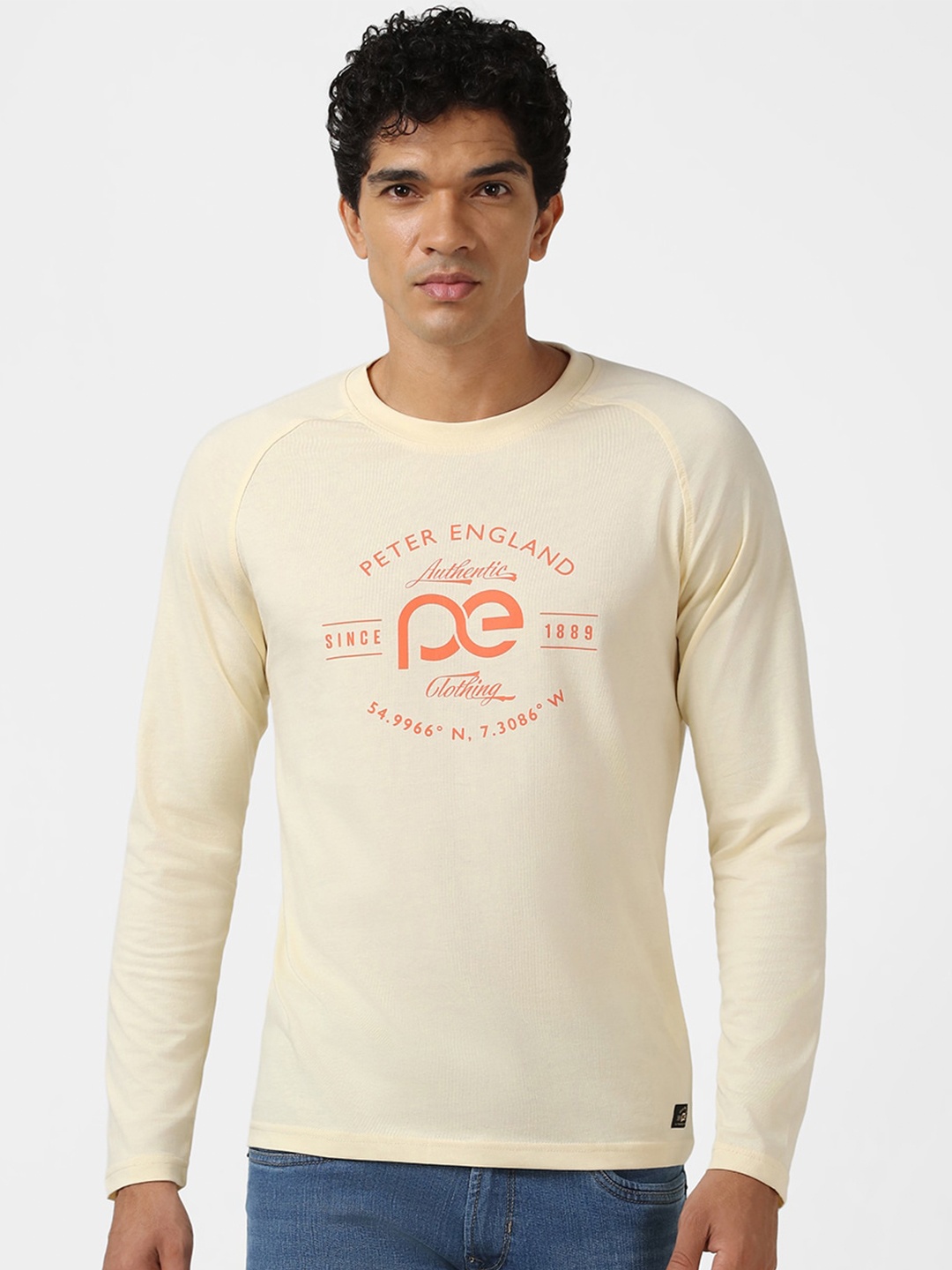 

Peter England Casuals Typography Printed Long sleeves Slim Fit T-shirt, Cream