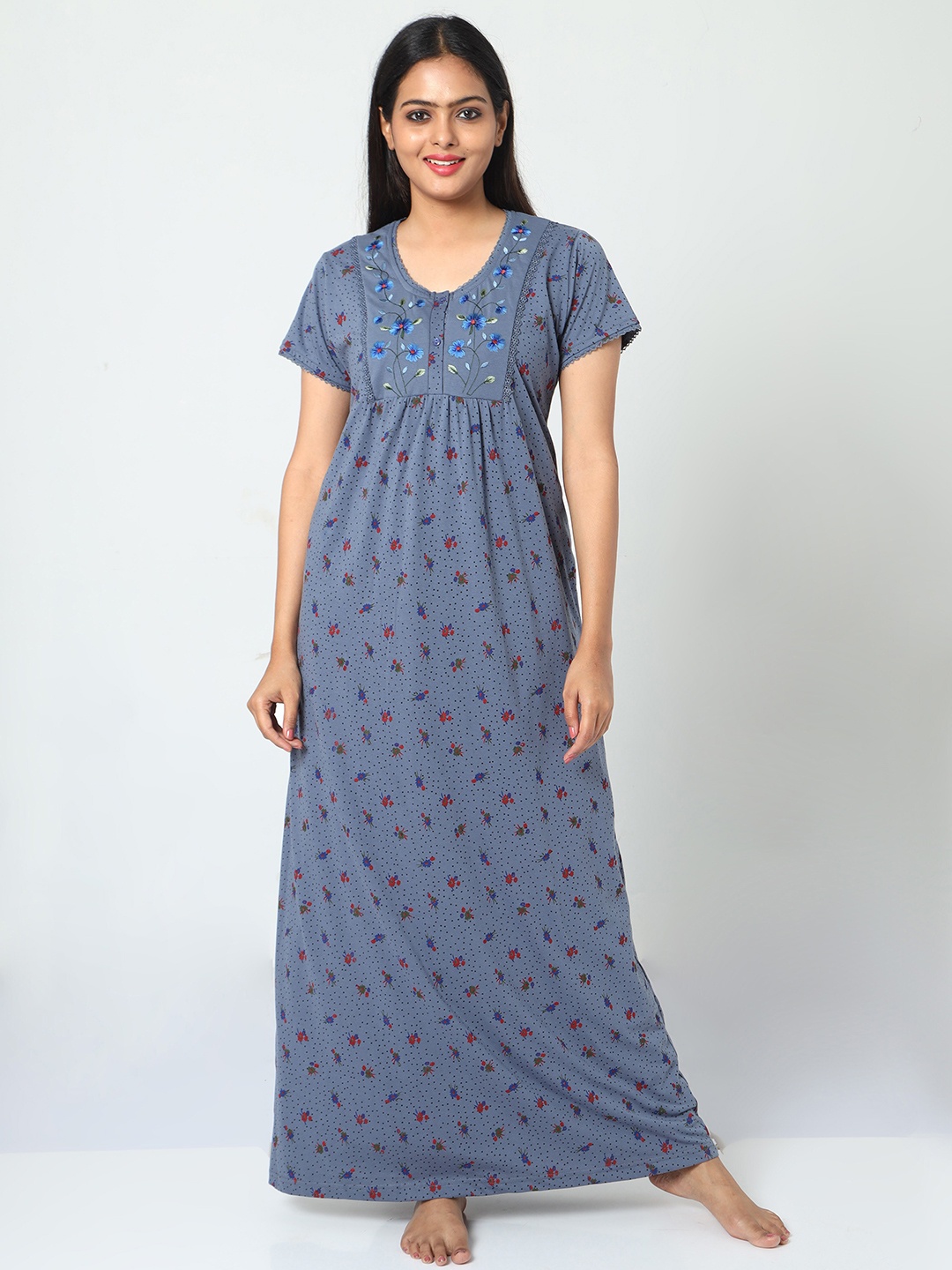 

9shines Label Floral Printed Pure Cotton Maxi Nightdress, Blue