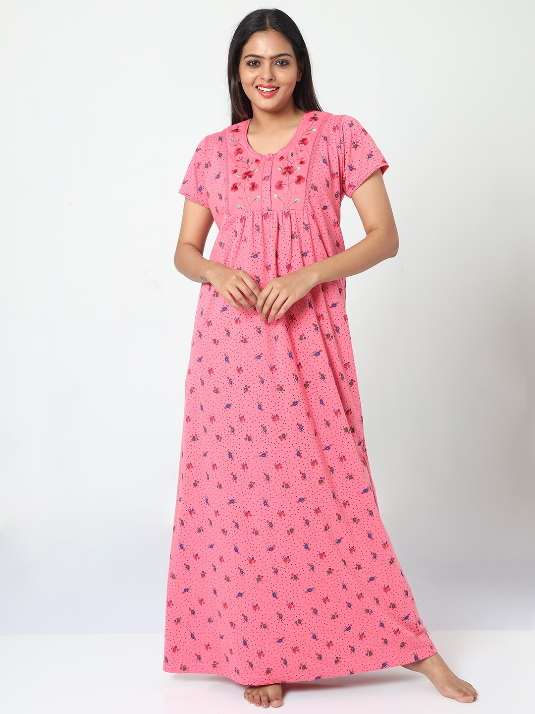 

9shines Label Floral Printed Pure Cotton Maxi Nightdress, Pink