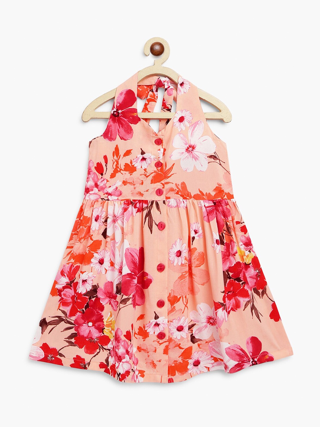 

Campana Girls Floral Printed Halter Neck Cotton Casual Fit & Flare Dress, Peach