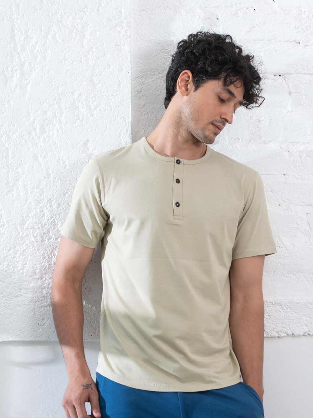 

Beyours Men Cotton Henley Neck T-shirt, Beige