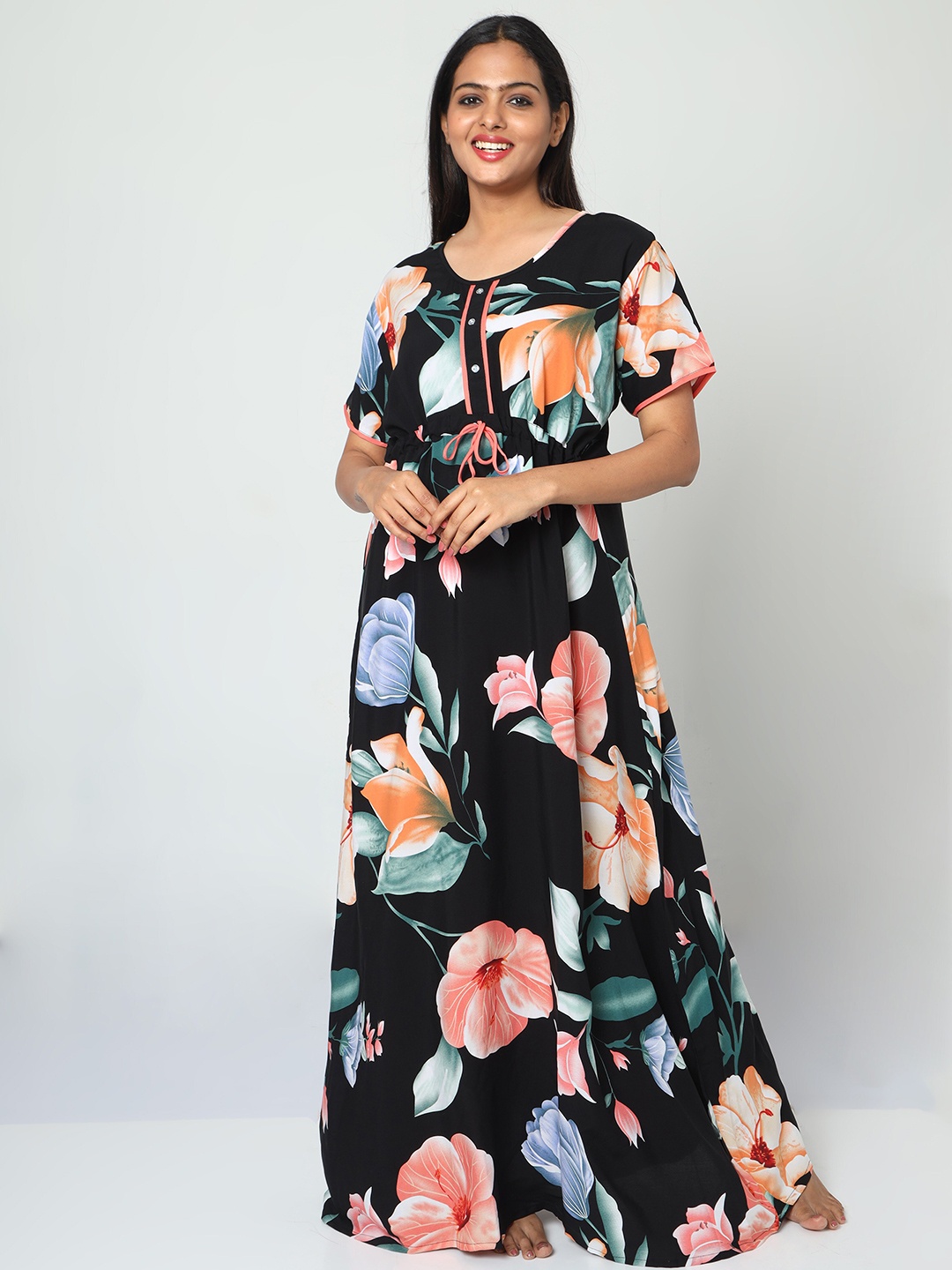 

9shines Label Floral Printed Maxi Nightdress, Black