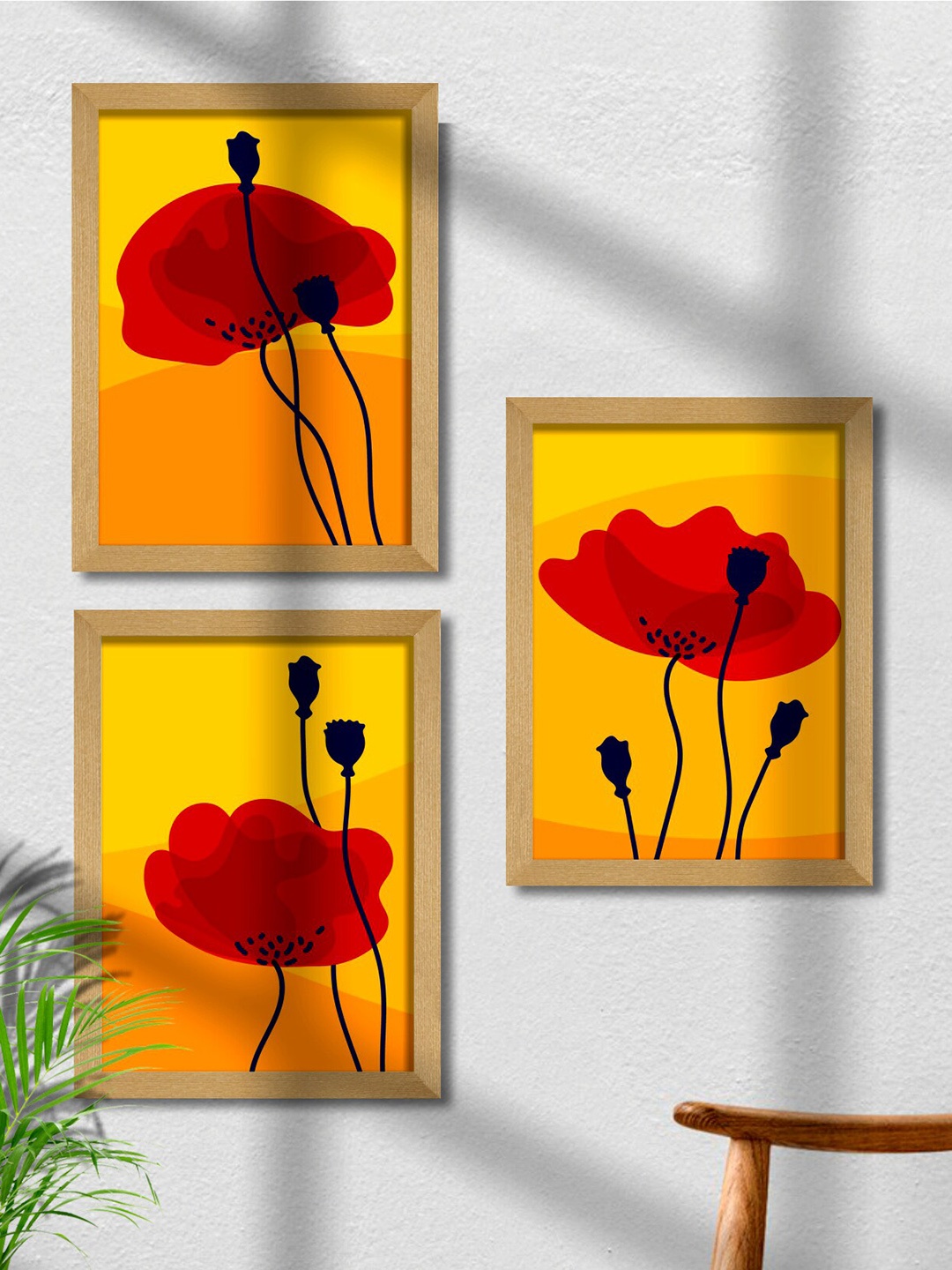 

SAF Yellow & Red 3 Pieces Flower Framed Wall Art Painting