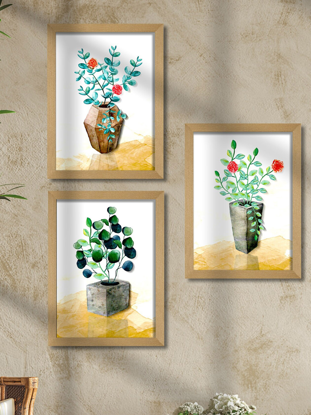 

SAF White & Green 3 Pieces Flower Pot Framed Wall Art Painting