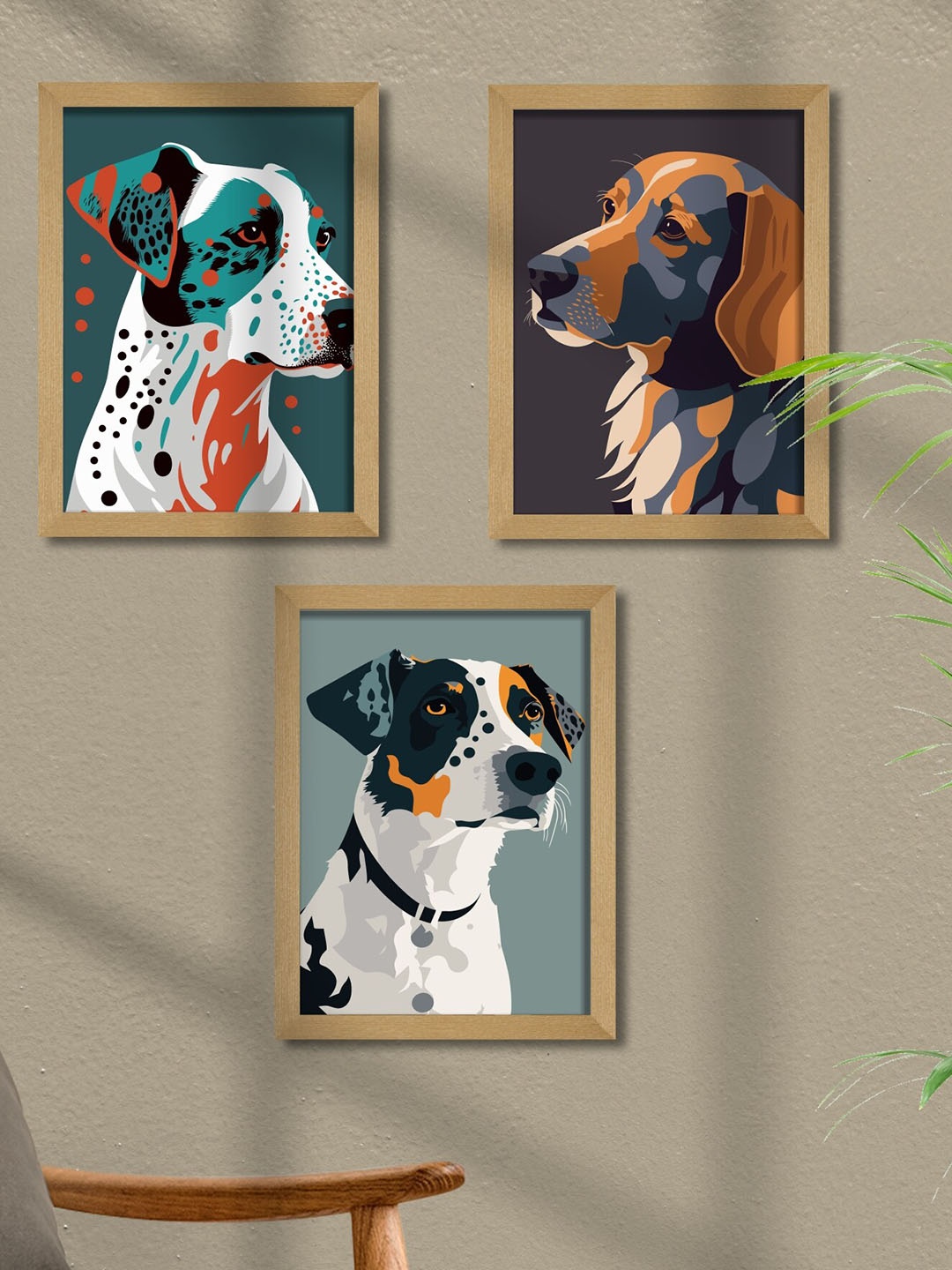

SAF White & Blue 3 Pieces Dog Framed Wall Art Painting