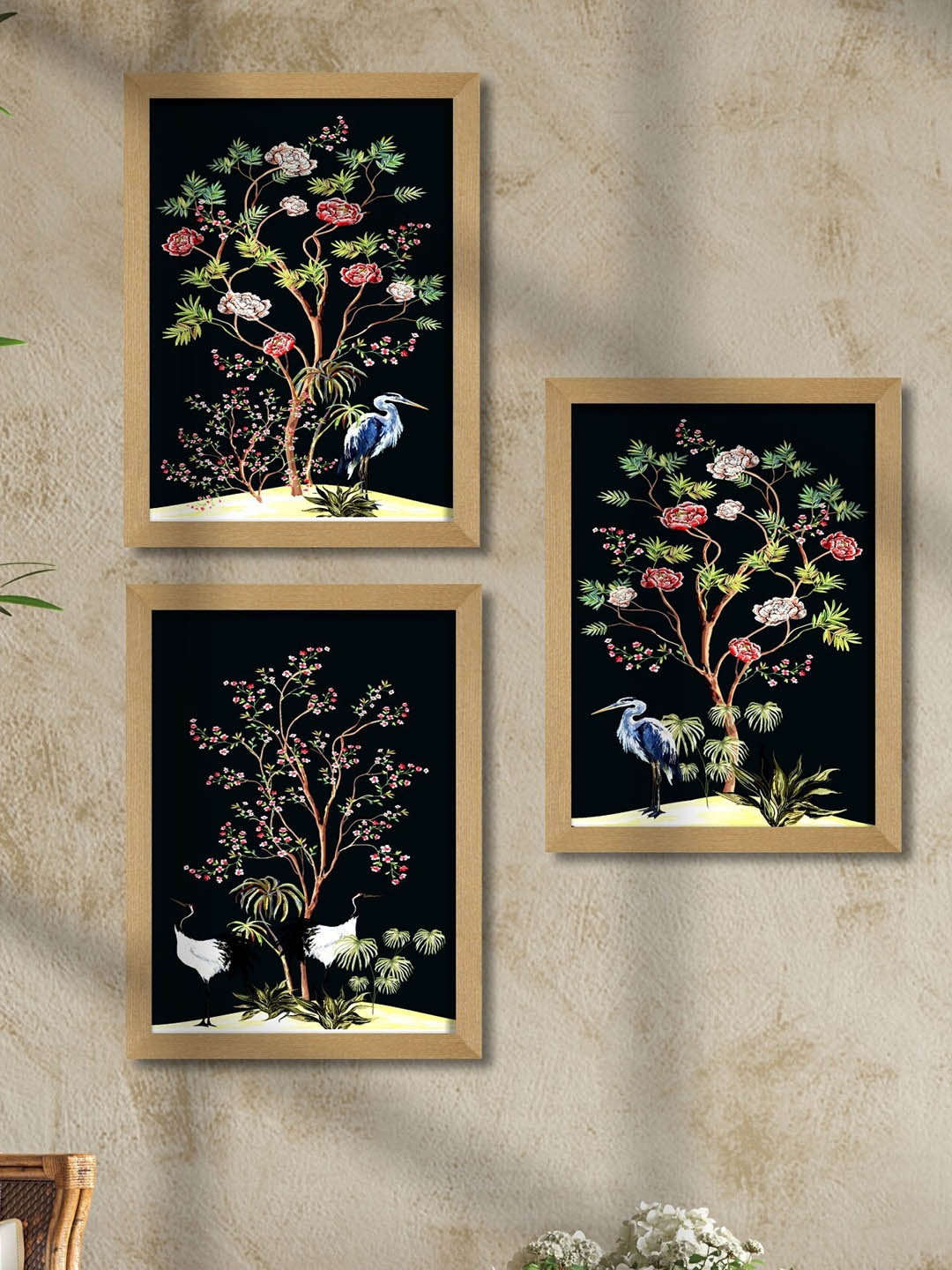 

SAF Black & Green 3 Pieces Flower Tree Framed Wall Art Painting