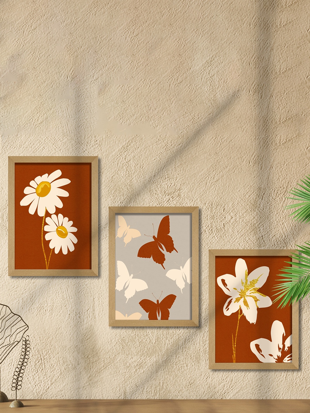 

SAF Brown & White 3 Pieces Printed Framed Wooden Wall Arts