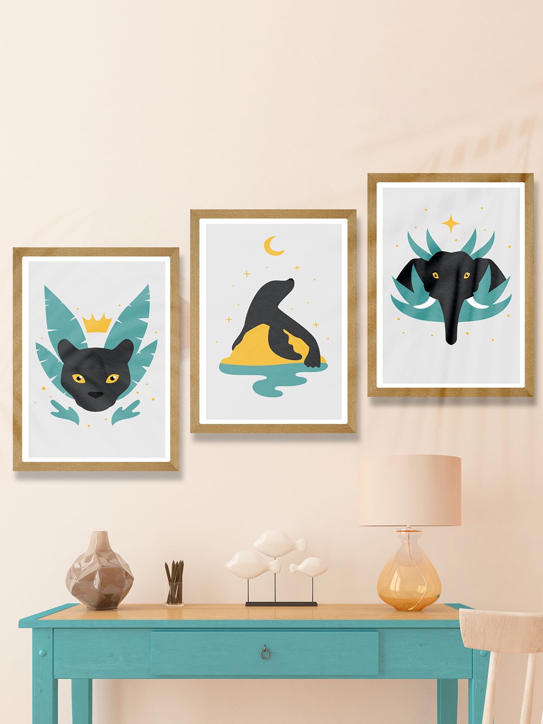 

SAF Black & Blue 3 Pieces Printed Framed Wooden Wall Arts