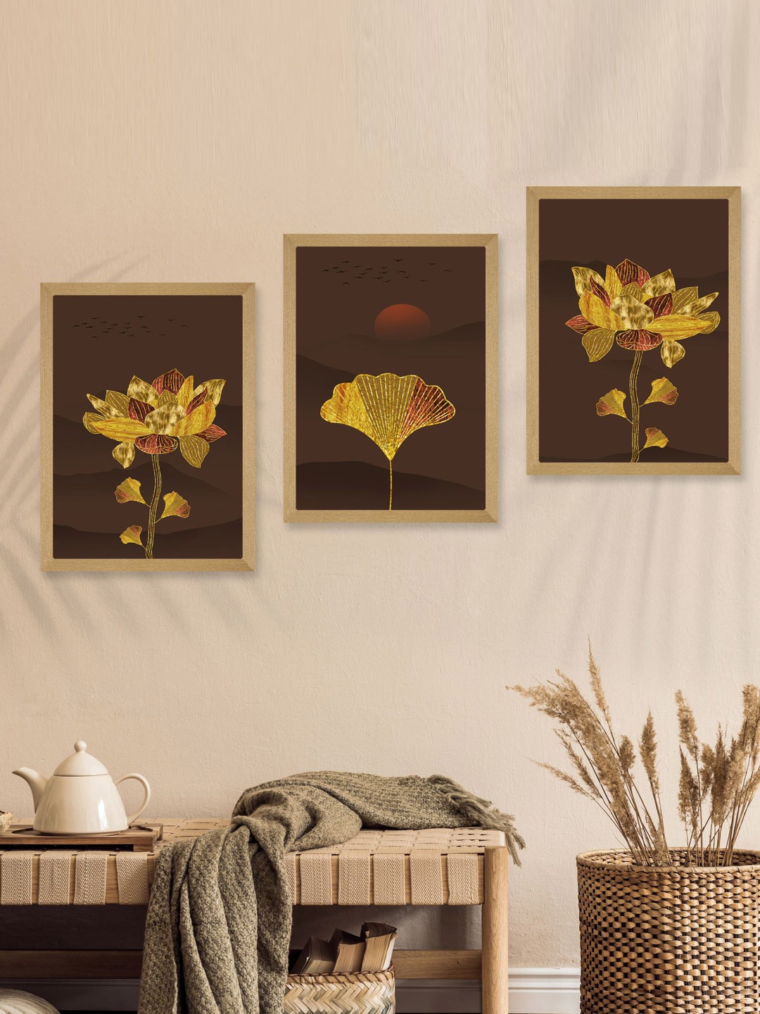 

SAF Brown & Mustard Yellow 3 Pieces Modern Art Wooden Framed Wall Art Painting