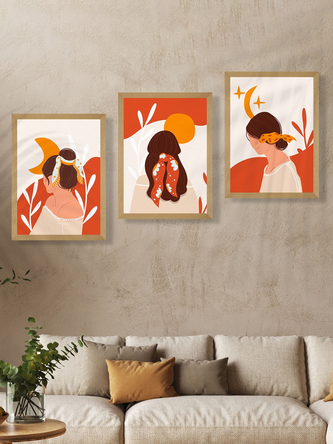 

SAF Orange-Color & Brown 3 Pieces Modern Art Wooden Framed Wall Art Painting