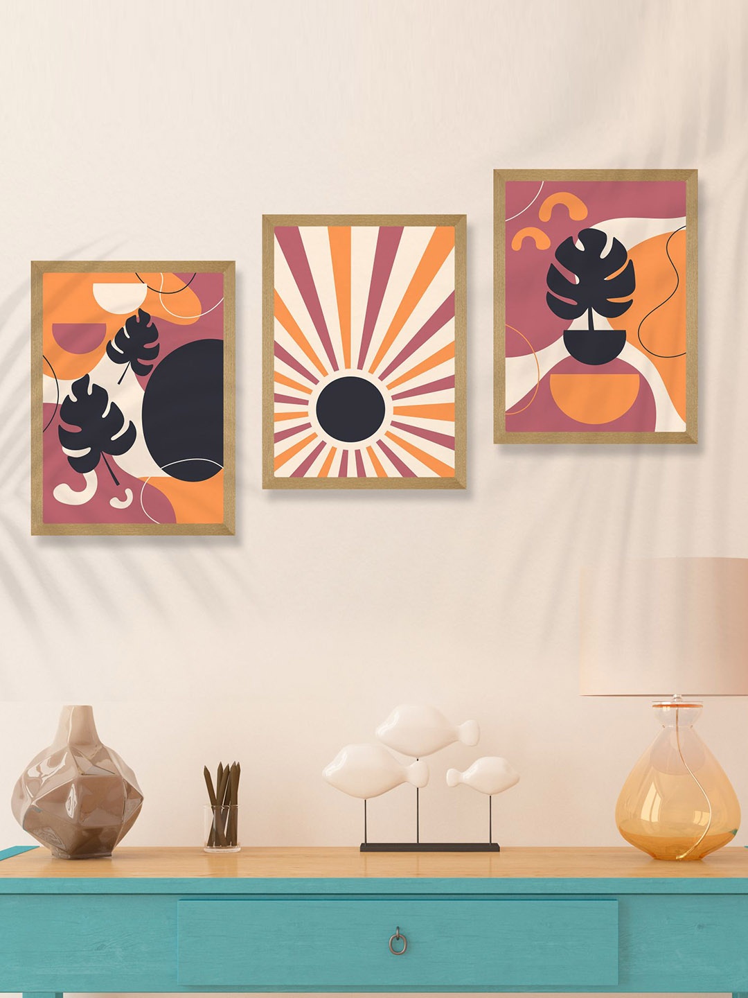 

SAF Pink & Orange-Color 3 Pieces Modern Art Wooden Framed Wall Art Painting