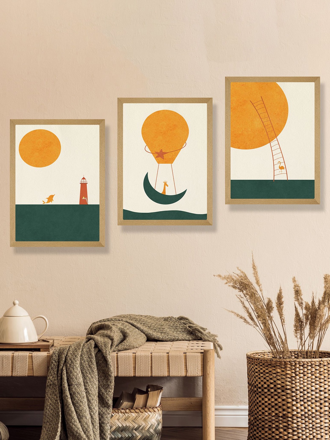 

SAF Orange-Color & Green 3 Pieces Modern Art Wooden Framed Wall Art Painting