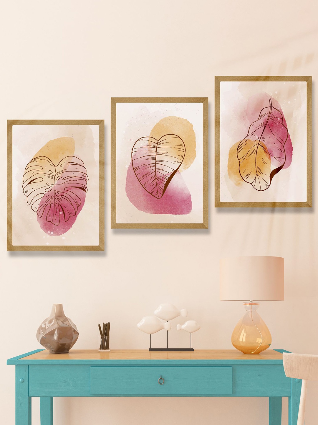 

SAF Pink & Brown 3 Pieces Modern Art Wooden Framed Wall Art Painting