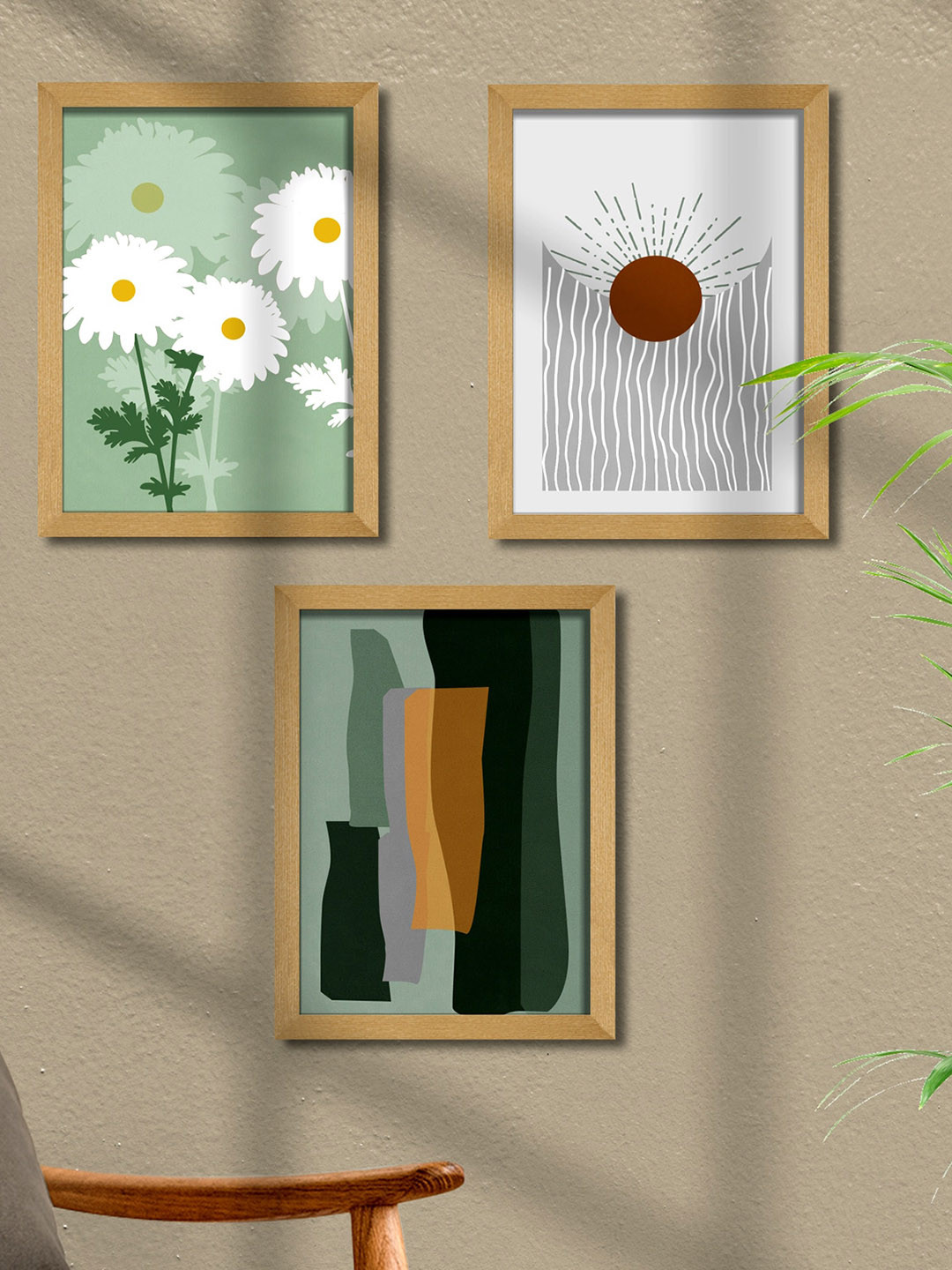 

SAF Grey & Green 3 Pieces Modern Art Wooden Framed Wall Art Painting