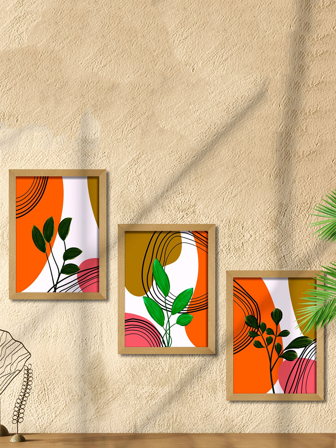 

SAF Orange-Color & Brown 3 Pieces Modern Art Wooden Framed Wall Art Painting