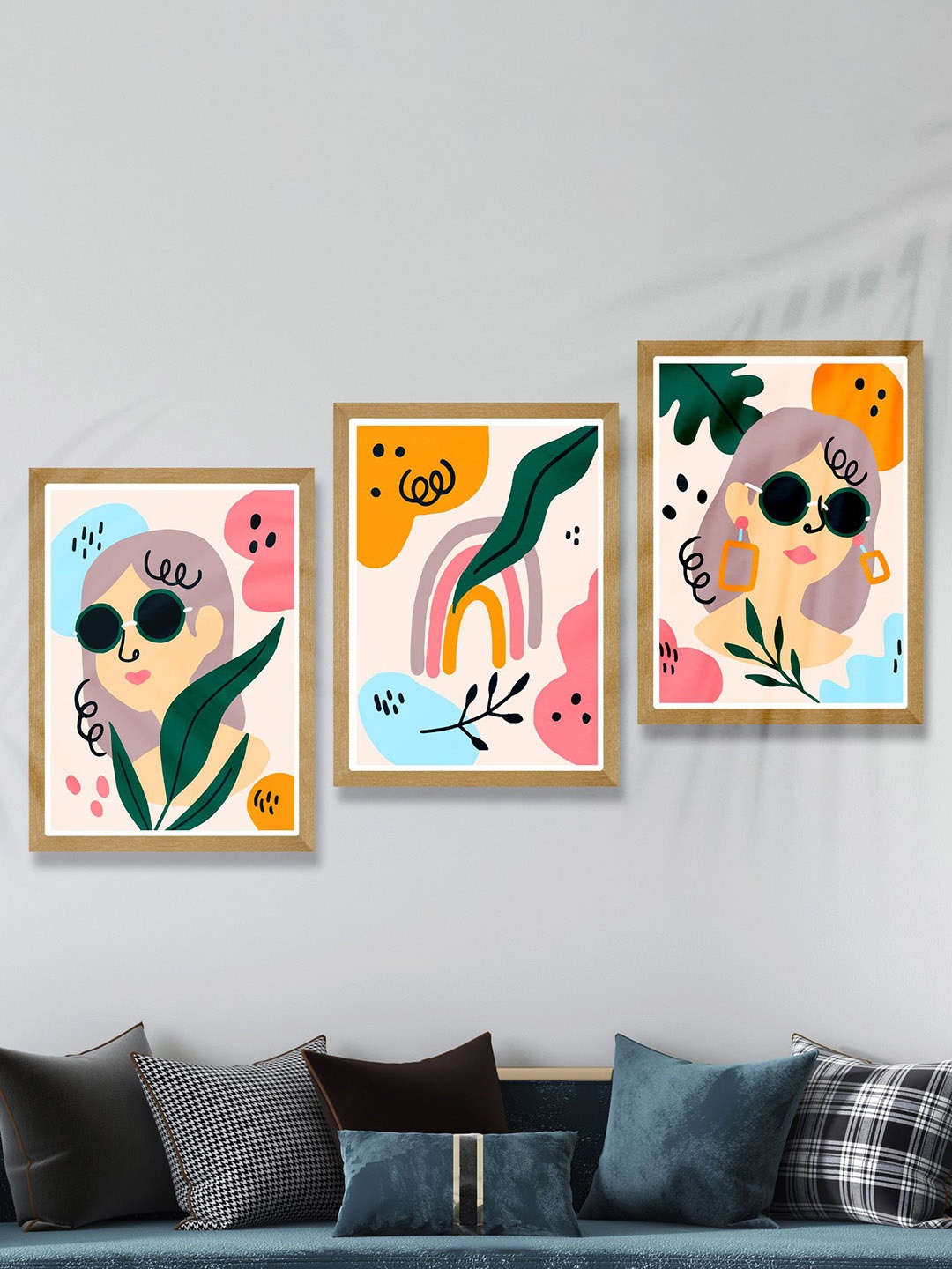 

SAF Blue & Orange-Color 3 Pieces Printed Framed Wooden Wall Art