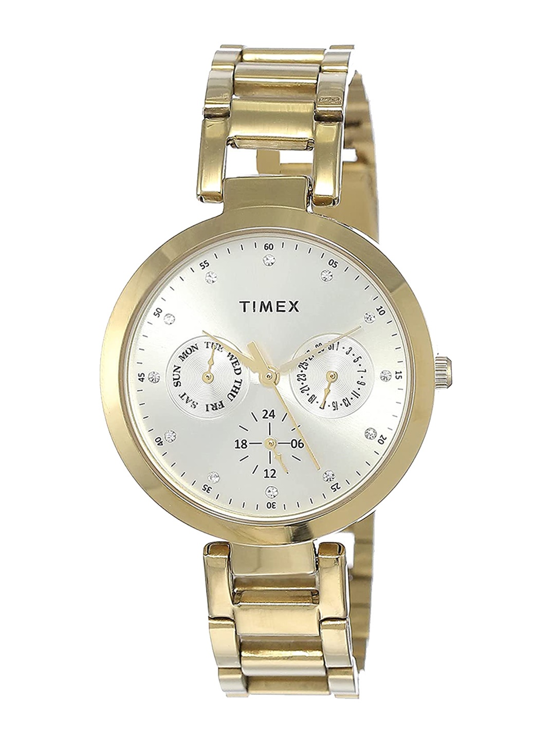 

Timex Women Embellished Dial & Stainless Steel Bracelet Style Straps Analogue Watch TW000X208-FLEX, White